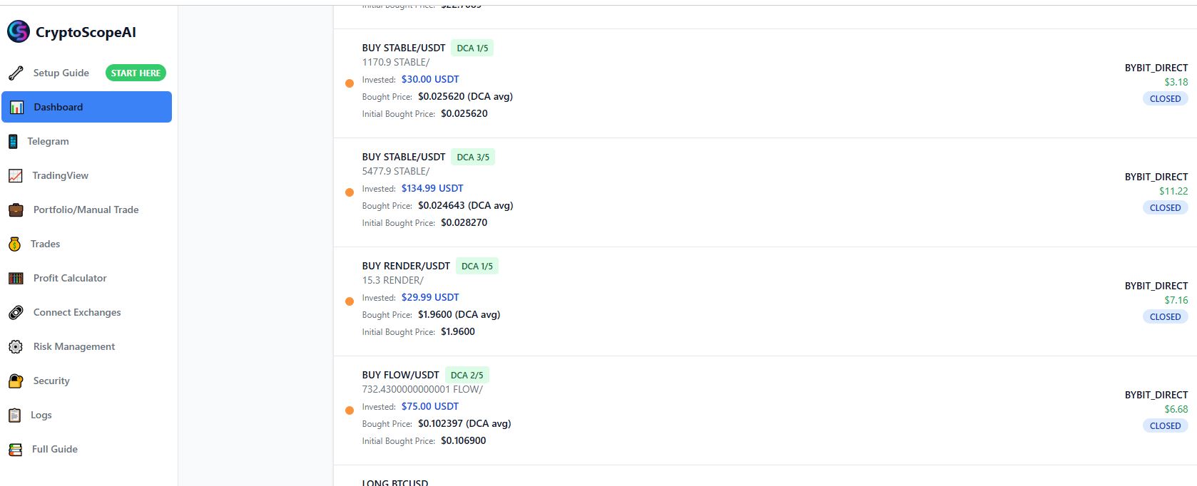 Trading dashboard with active trades