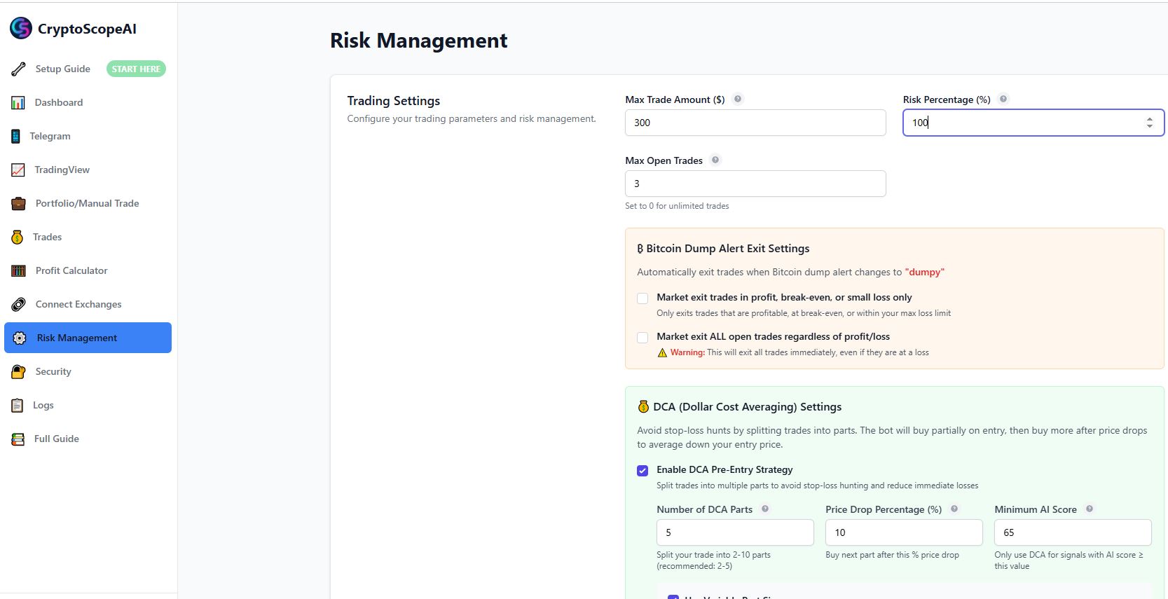 Risk management settings